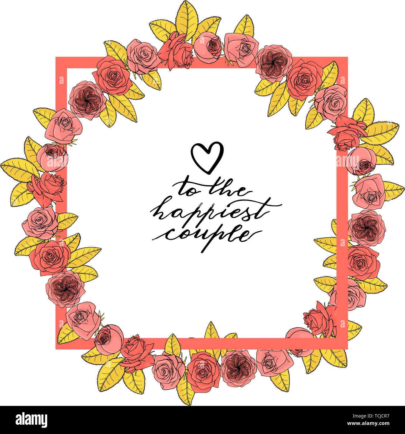 Hand drawn doodle style rose flowers wreath around square frame. floral ...
