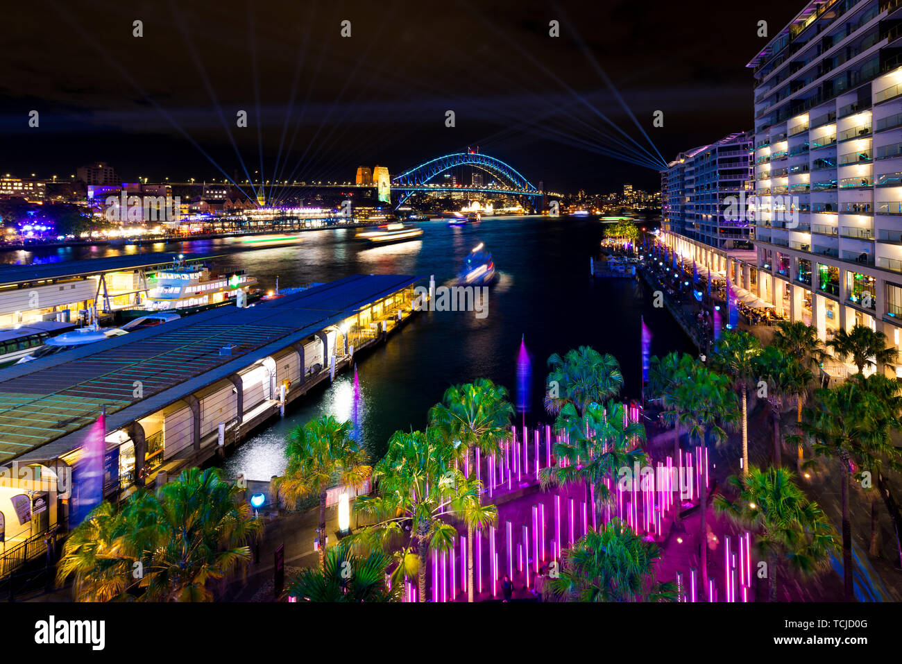 Sydney Harbour during Vivid, the annual light festival held in Sydney, Australia. Stock Photo