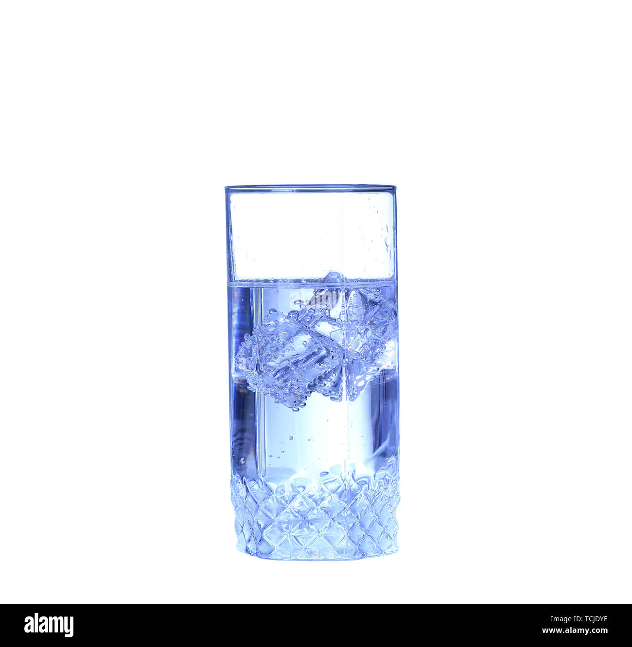 Glass of water, ice and slice of fresh lemon on a white background ...