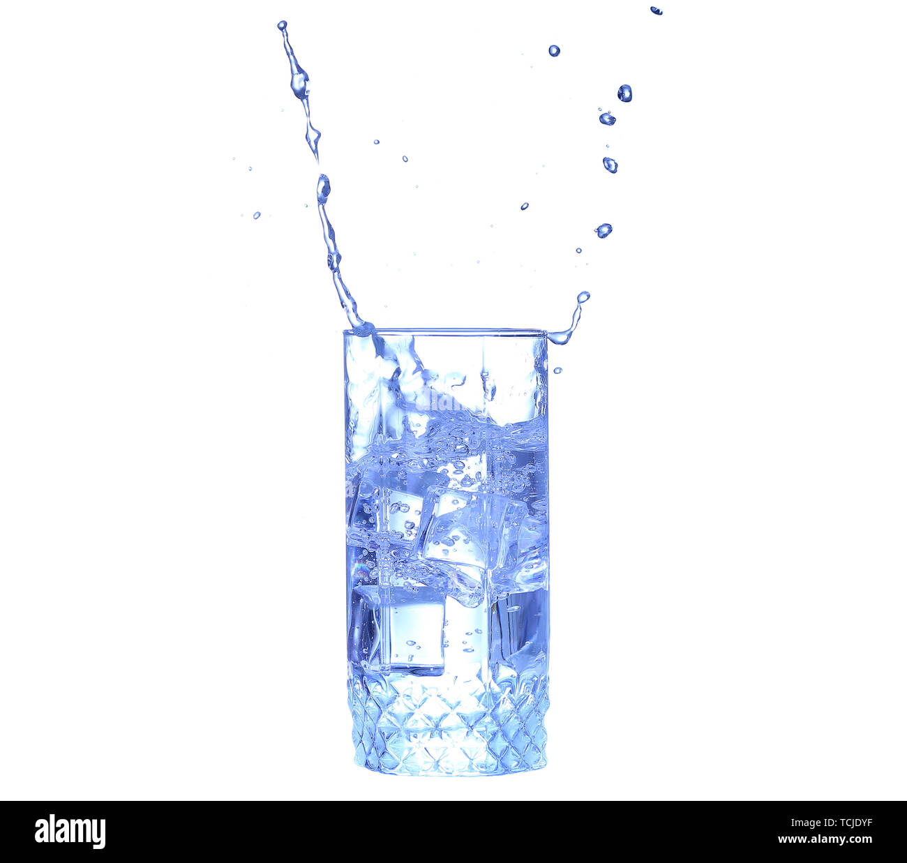 Glass of water, ice and slice of fresh lemon on a white background ...