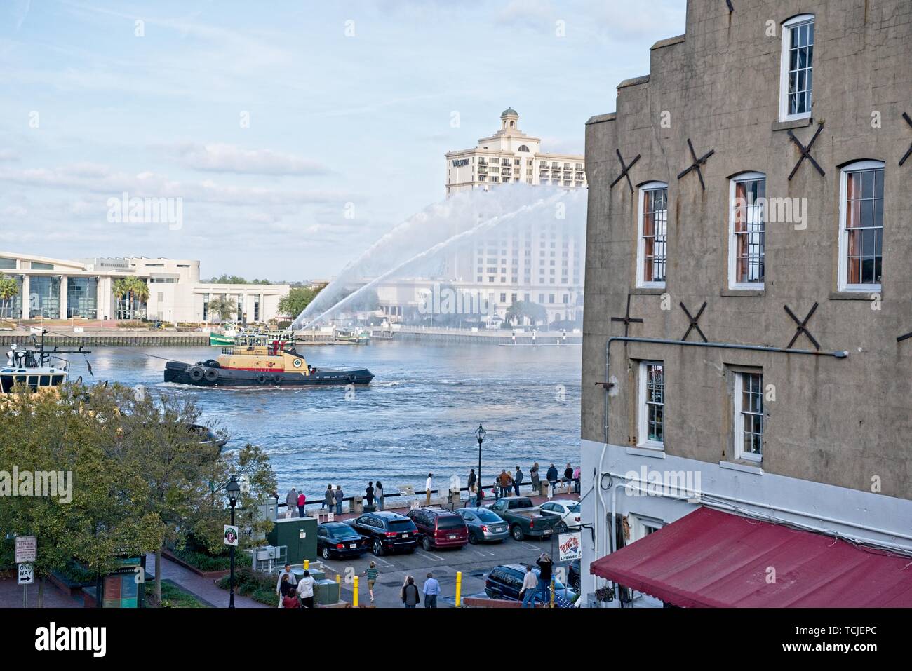 Merchant Vessel Swan passes through Port of Savannah transporting Konecranes Stock Photo