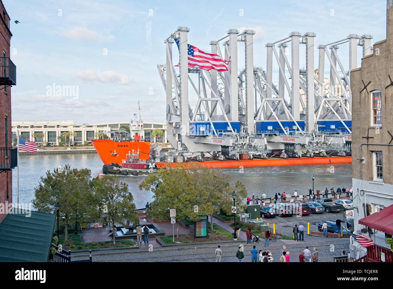 Merchant Vessel Swan passes through Port of Savannah transporting Konecranes Stock Photo