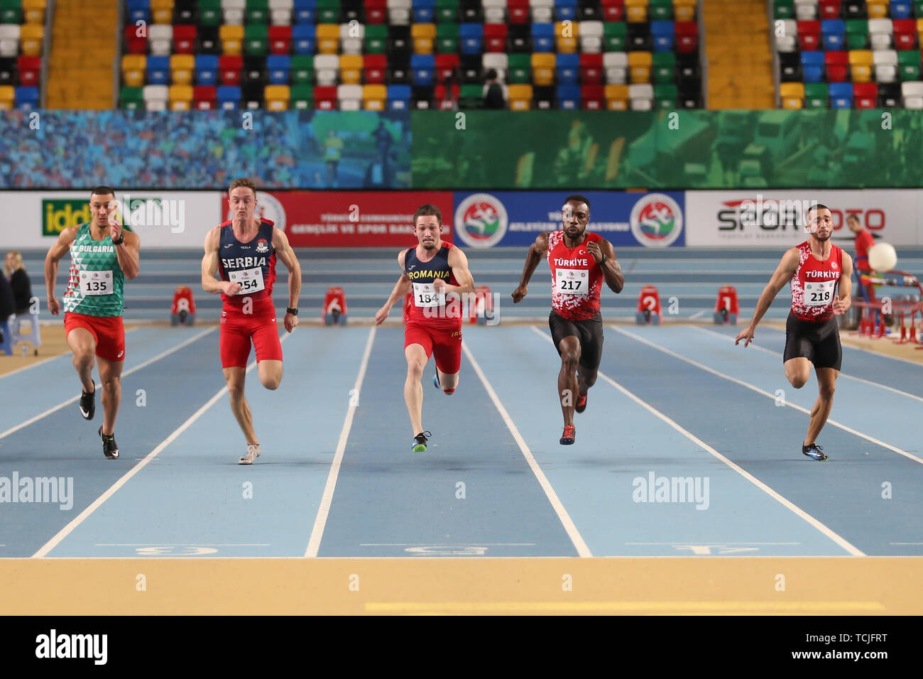 ISTANBUL, TURKEY - FEBRUARY 16, 2019: Athletes running 60 metres during ...