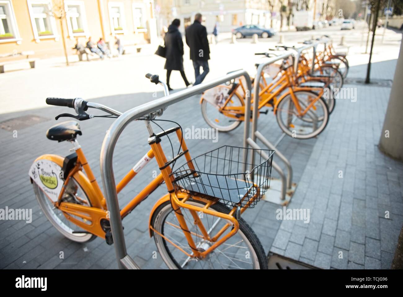 Kaunas, Lithuania, May 19, 2016: Shared bikes are lined up in the streets of Kaunas. CityBee station. Stock Photo