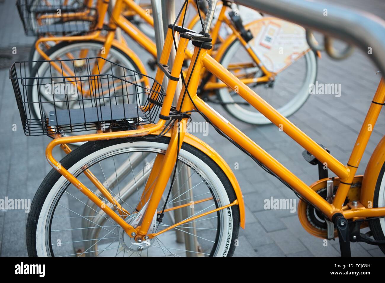 Kaunas, Lithuania, May 19, 2016: Shared bikes are lined up in the streets of Kaunas. CityBee station. Stock Photo