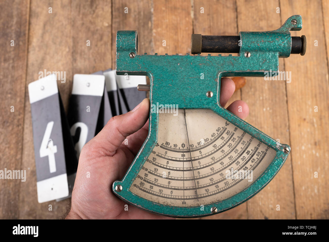 Old analog device for measuring the height of trees. A historic tool