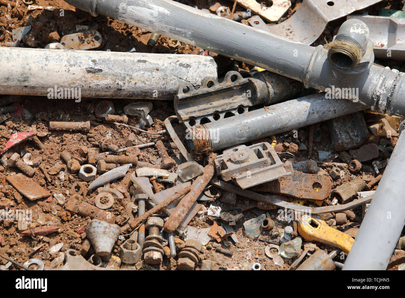 old metal pipes and rusty objects in recycling for the separate collection of recyclable waste Stock Photo