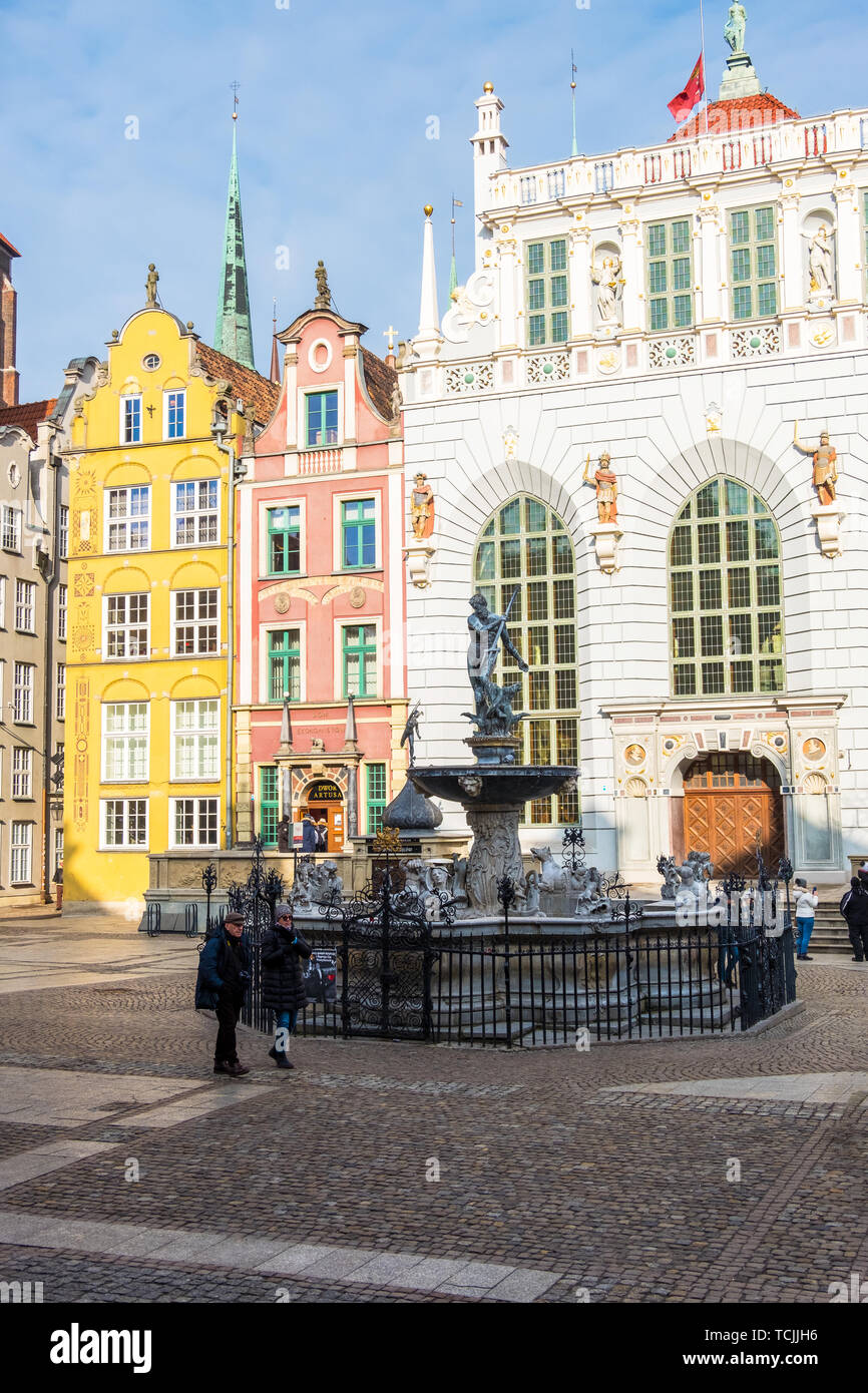 Gdansk, Poland - February 06, 2019: Neptune's Fountain in the centre of the Long Market Street next to Artus Court, Gdansk, Poland Stock Photo
