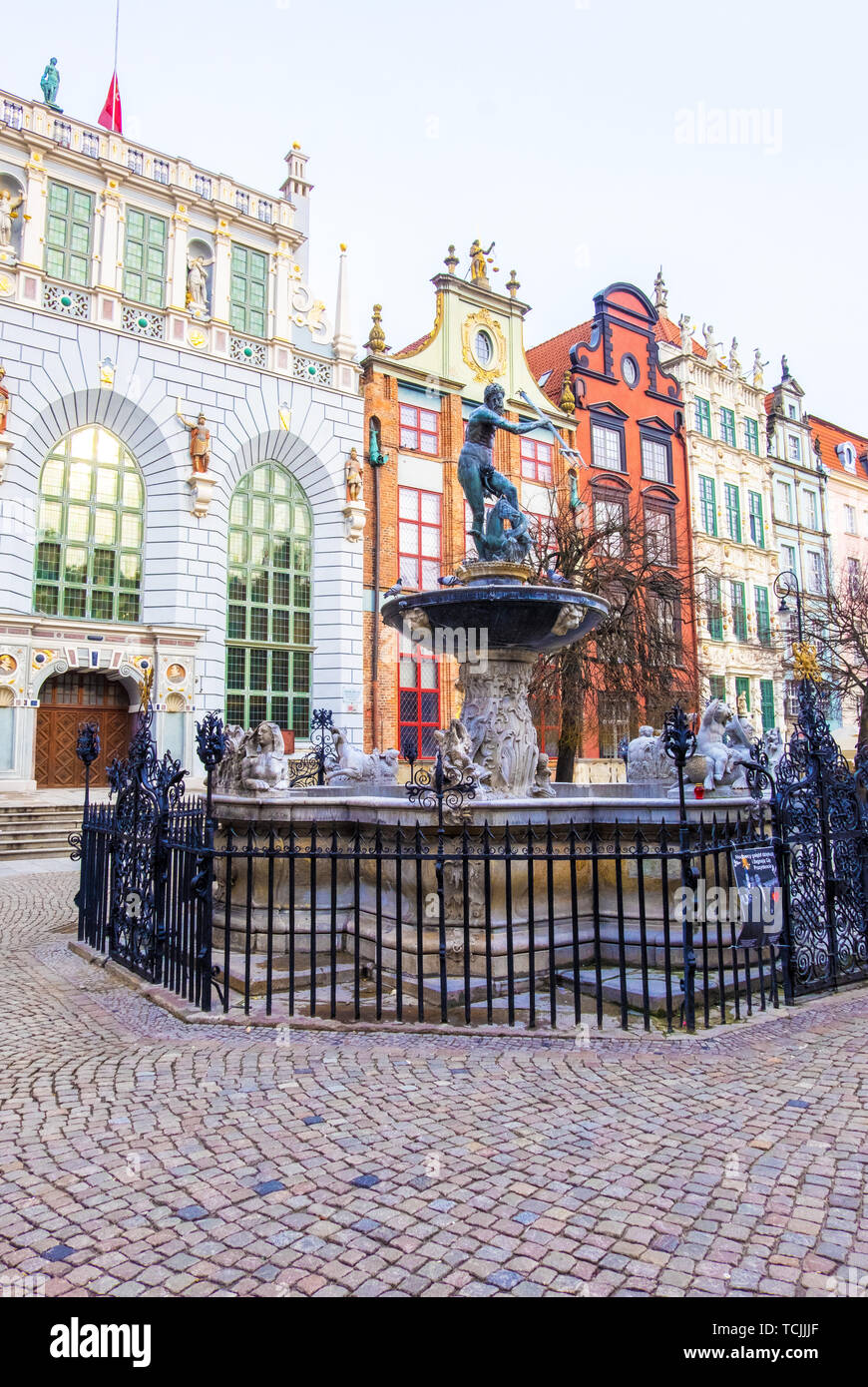 Gdansk, Poland - February 07, 2019: Neptune's Fountain in the centre of the Long Market Street next to Artus Court, Gdansk, Poland Stock Photo