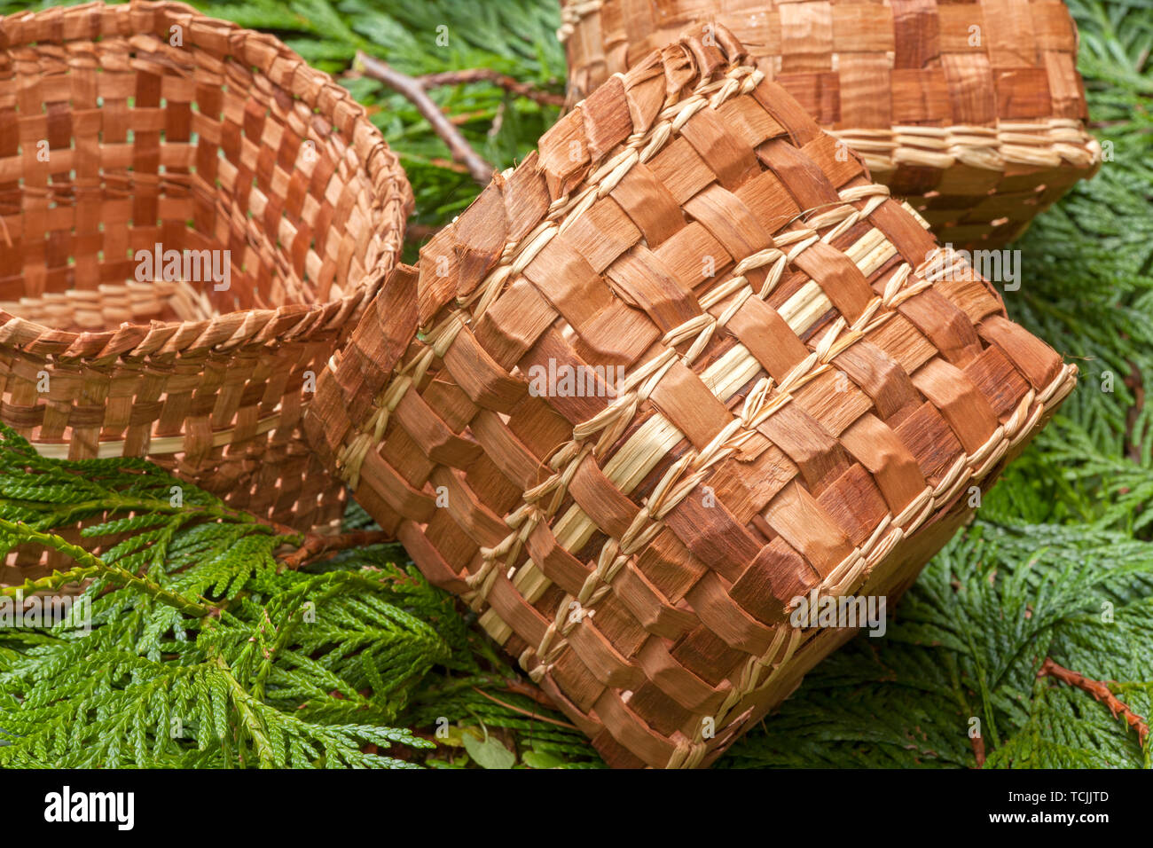 Three handmade Western Red Cedar baskets woven from strips of inner bark, lying on Western Red Cedar branches Stock Photo