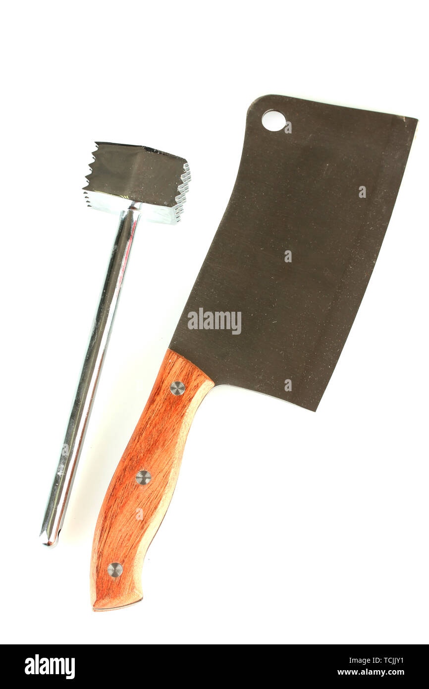 meat hammer with meat hatchet isolated on white background Stock Photo