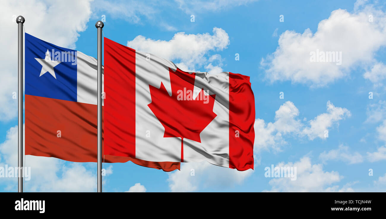 Chile and Canada flag waving in the wind against white cloudy blue sky ...