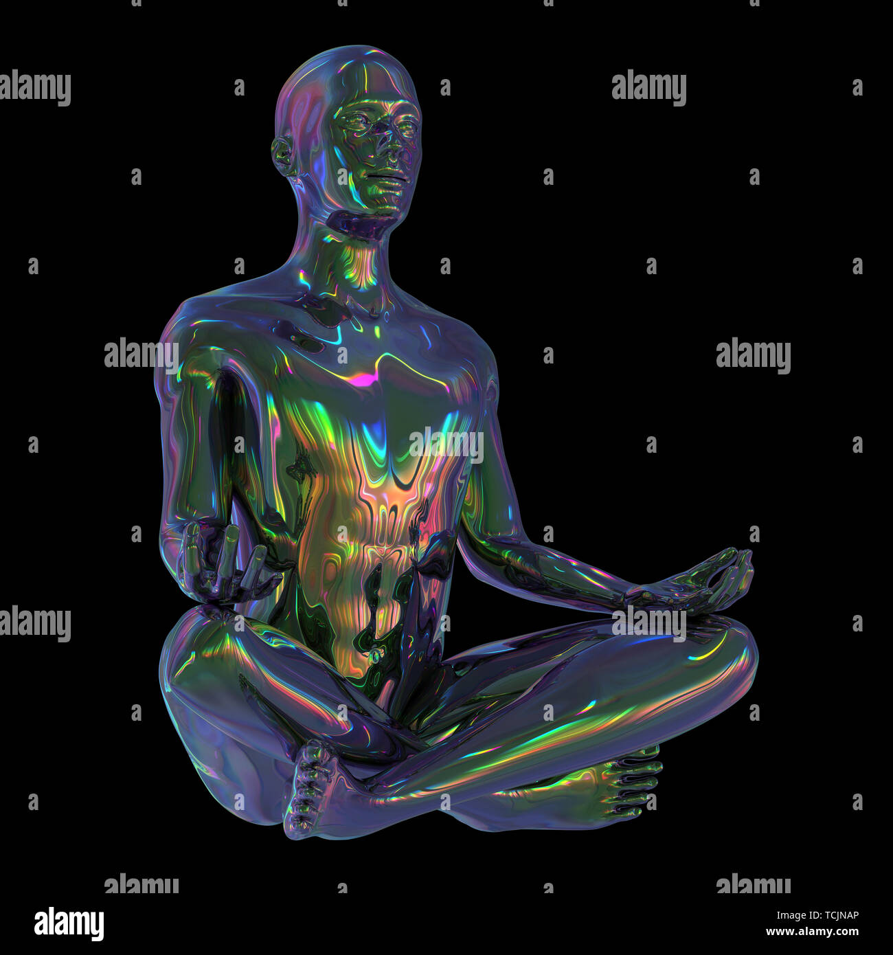 Man meditating in lotus pose black metallic stylized figure glossy ...