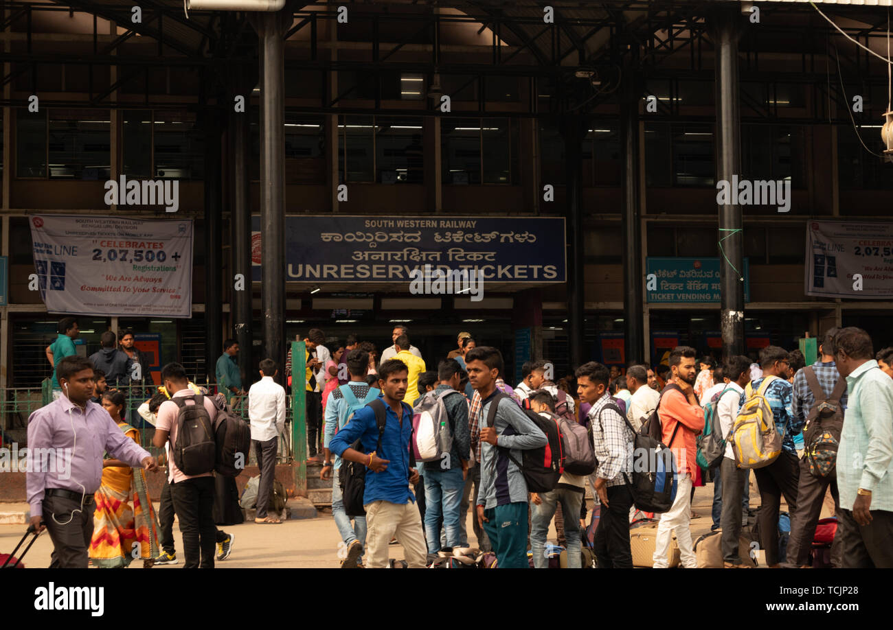 Bangalore India - June 3, 2019: Crowd outside the ticket counter at railway station during festival time Stock Photo