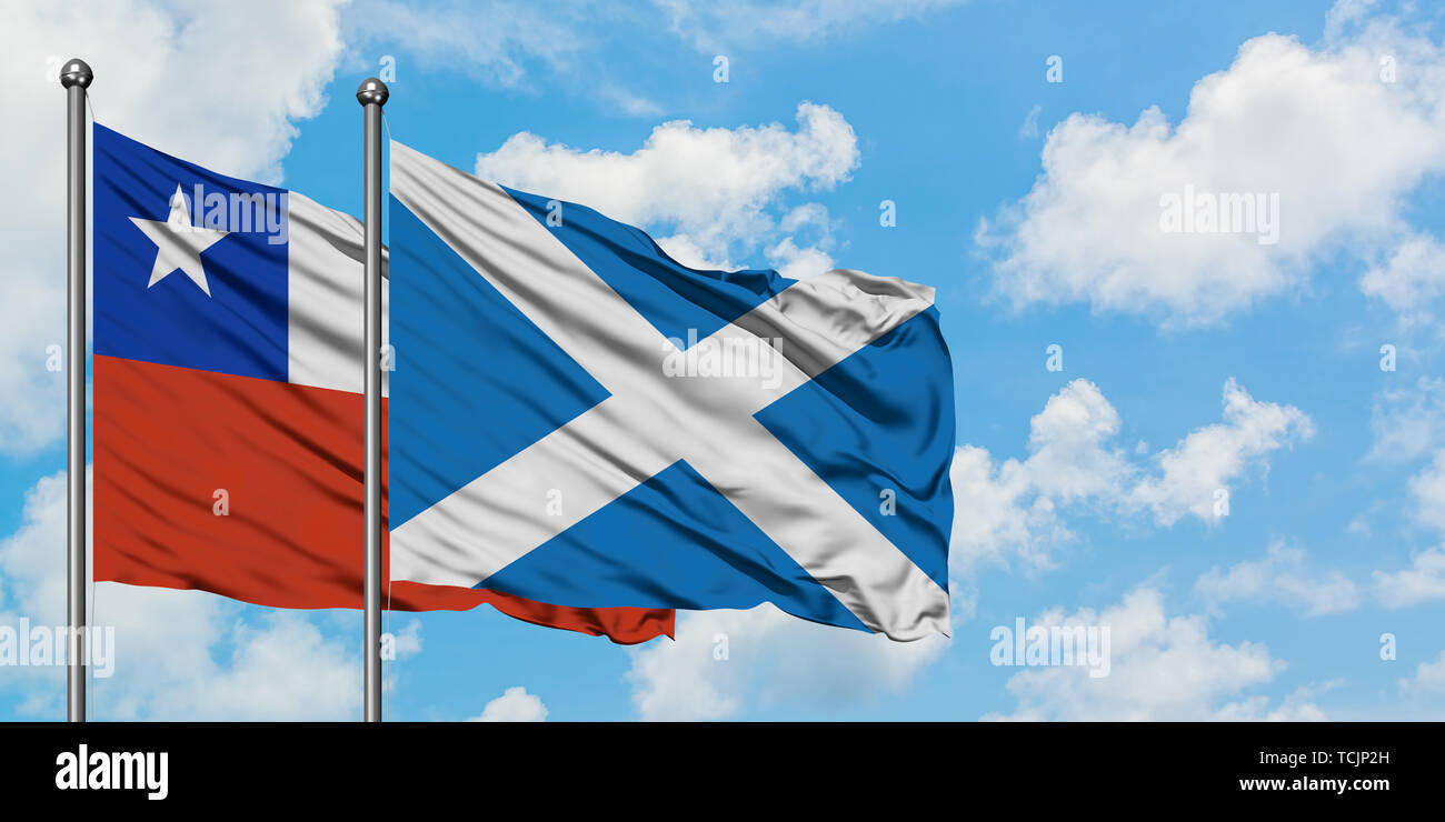 Chile and Scotland flag waving in the wind against white cloudy blue sky together. Diplomacy concept, international relations. Stock Photo