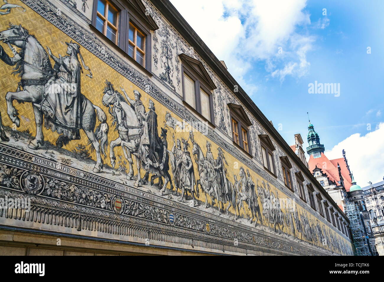 Public street view of the largest porcelain artwork in the world Furstenzug - Procession of Princess in Dresden, Germany Stock Photo
