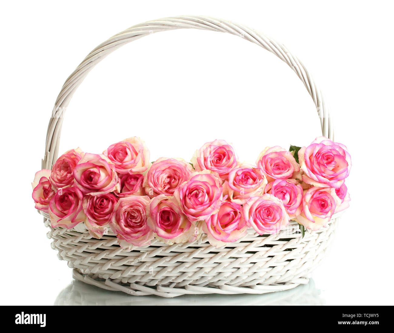beautiful bouquet of pink roses in basket, isolated on white Stock Photo -  Alamy
