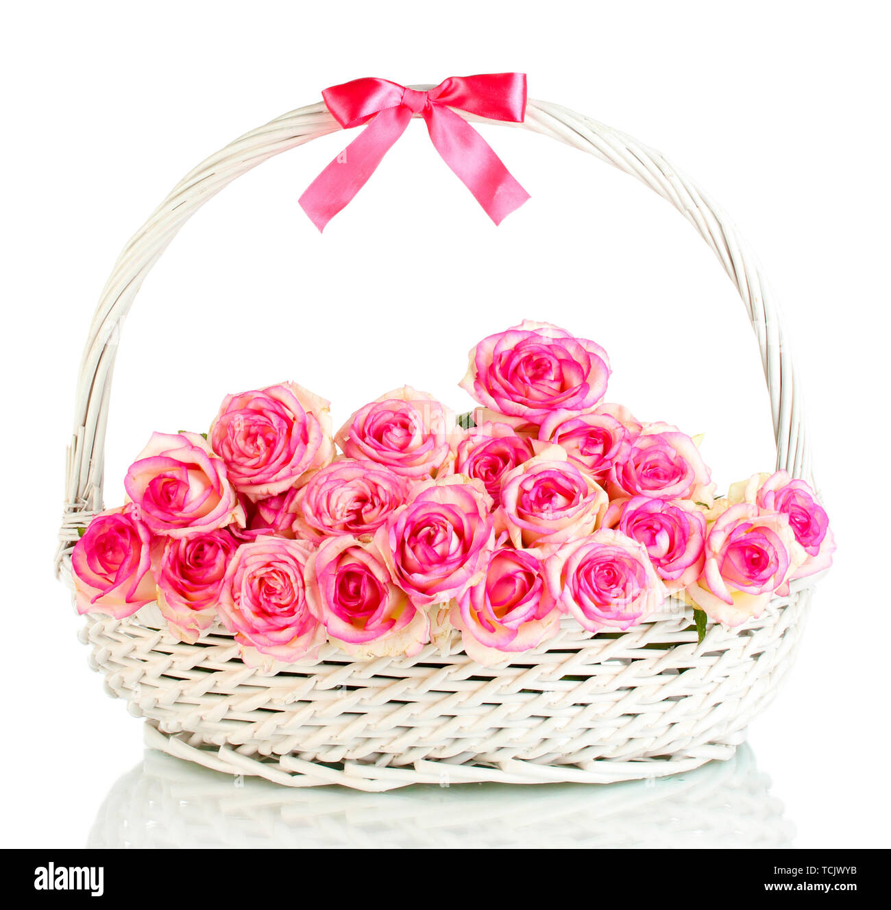 beautiful bouquet of pink roses in basket, isolated on white Stock ...