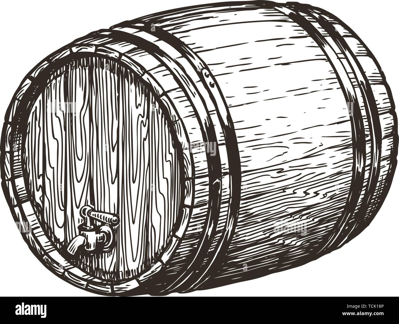 Hand drawn wooden oak barrel. Wine, whisky, beer sketch. Vintage vector illustration Stock Vector