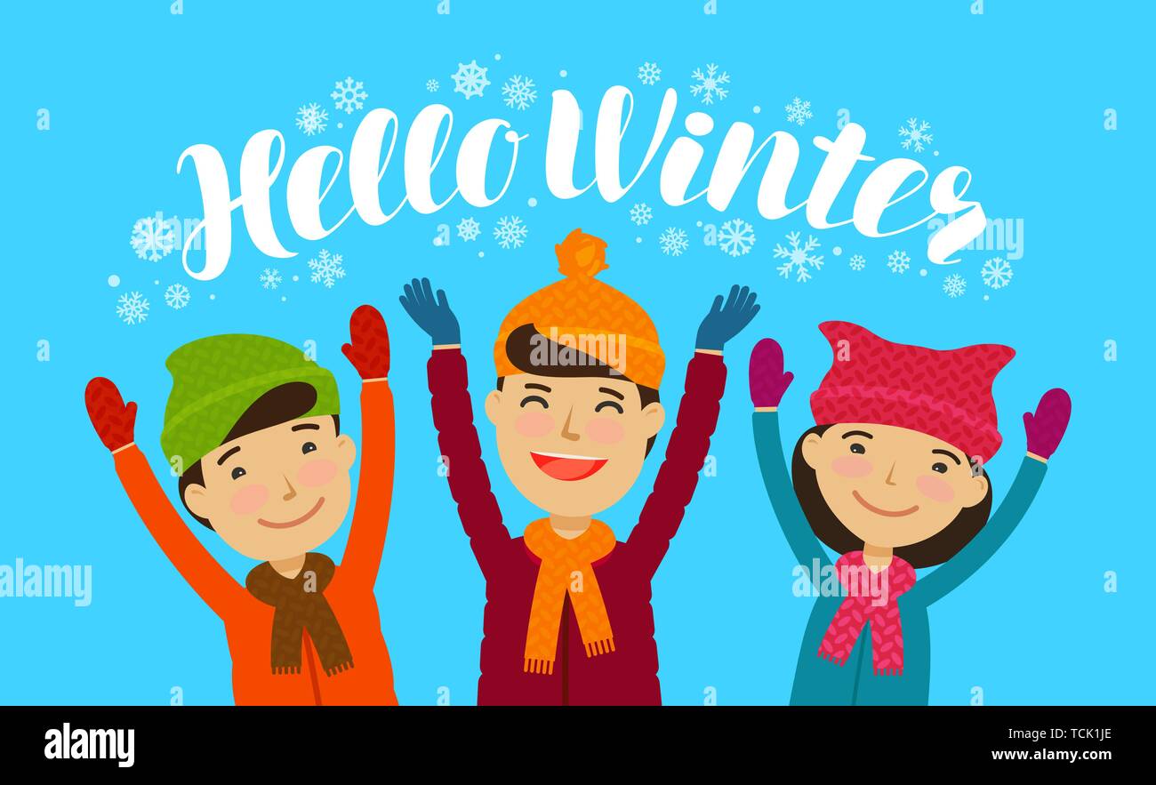 Hello Winter, banner. Happy children enjoy the snow. Cartoon vector illustration Stock Vector