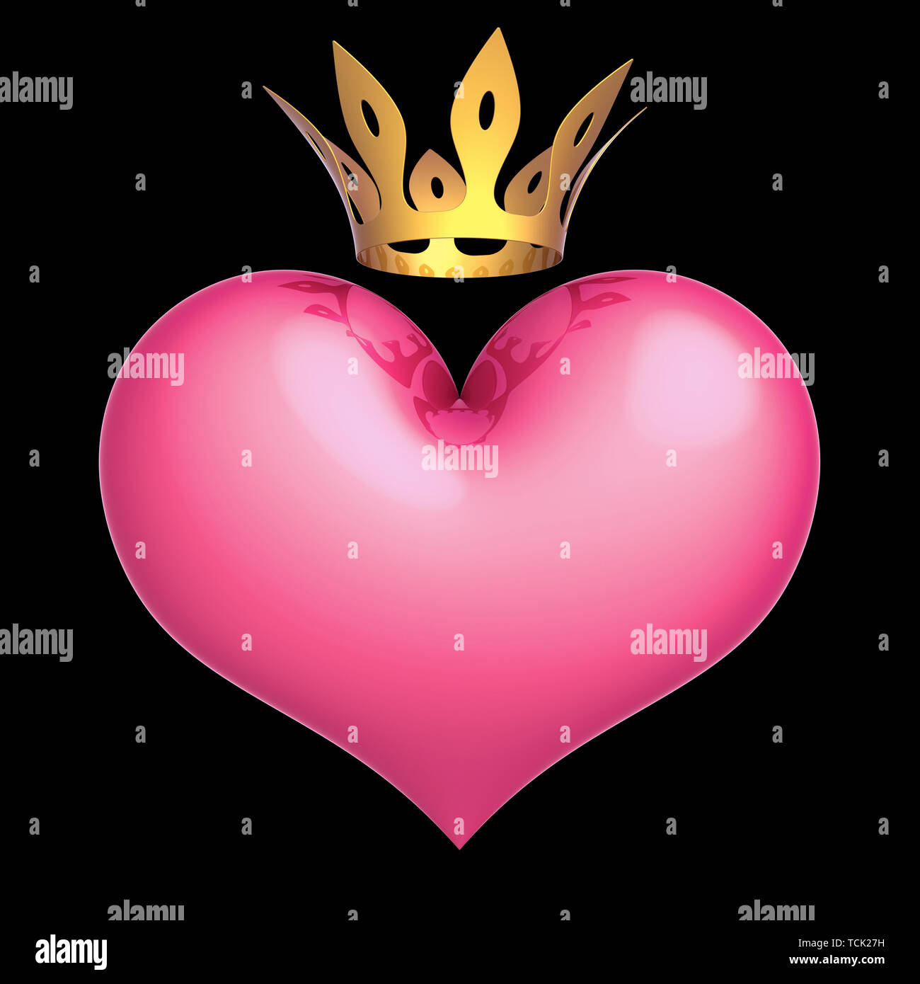 Heart king queen princess pink golden crown abstract. Royal lucky love concept. 3d illustration isolated on black background Stock Photo