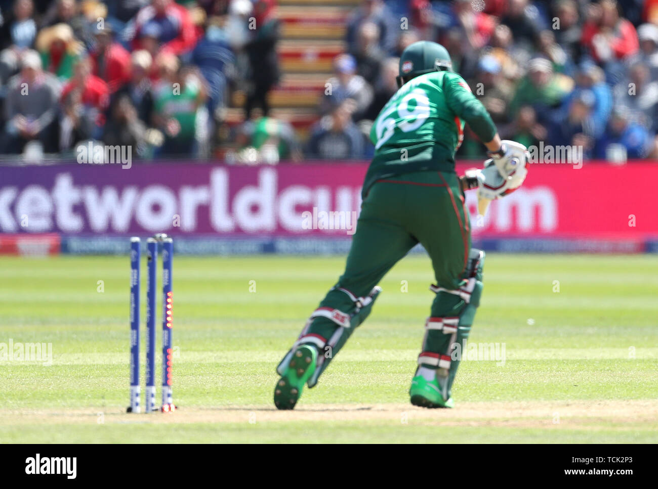 Bangladesh's Soumya Sarkar is bowled out by England's ofra Archer during the ICC Cricket World Cup group stage match at the Cardiff Wales Stadium. Stock Photo