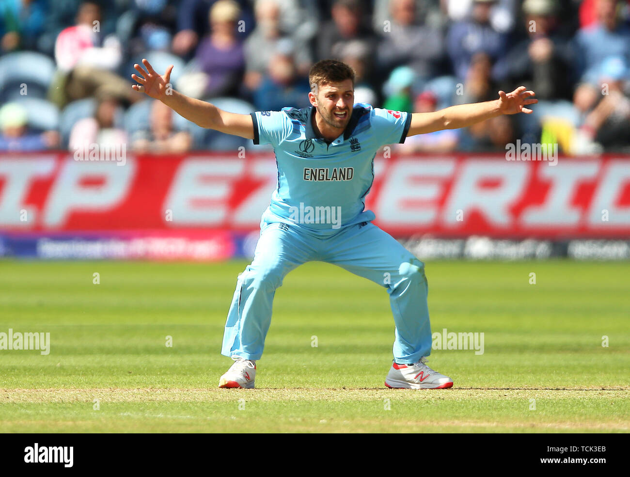 England's Mark Woods during an appeal during the ICC Cricket World Cup group stage match at the Cardiff Wales Stadium. Stock Photo
