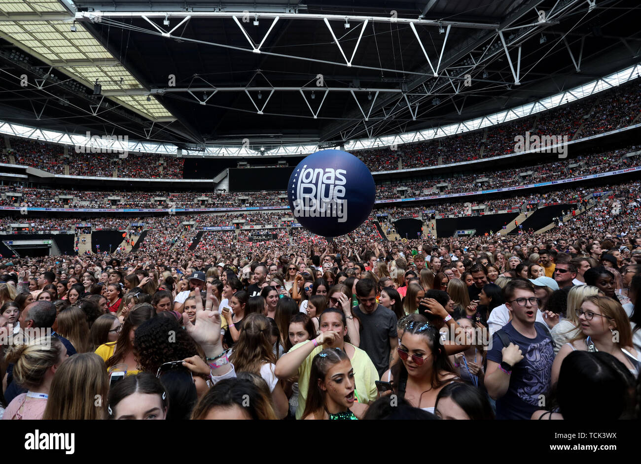 A Jonas Blue ball in the crowd during Capital's Summertime Ball. The world's biggest stars perform live for 80,000 Capital listeners at Wembley Stadium at the UK's biggest summer party. PRESS ASSOCIATION PHOTO. Picture date: Saturday June 8, 2019. Photo credit should read: Isabel Infantes/PA Wire Stock Photo