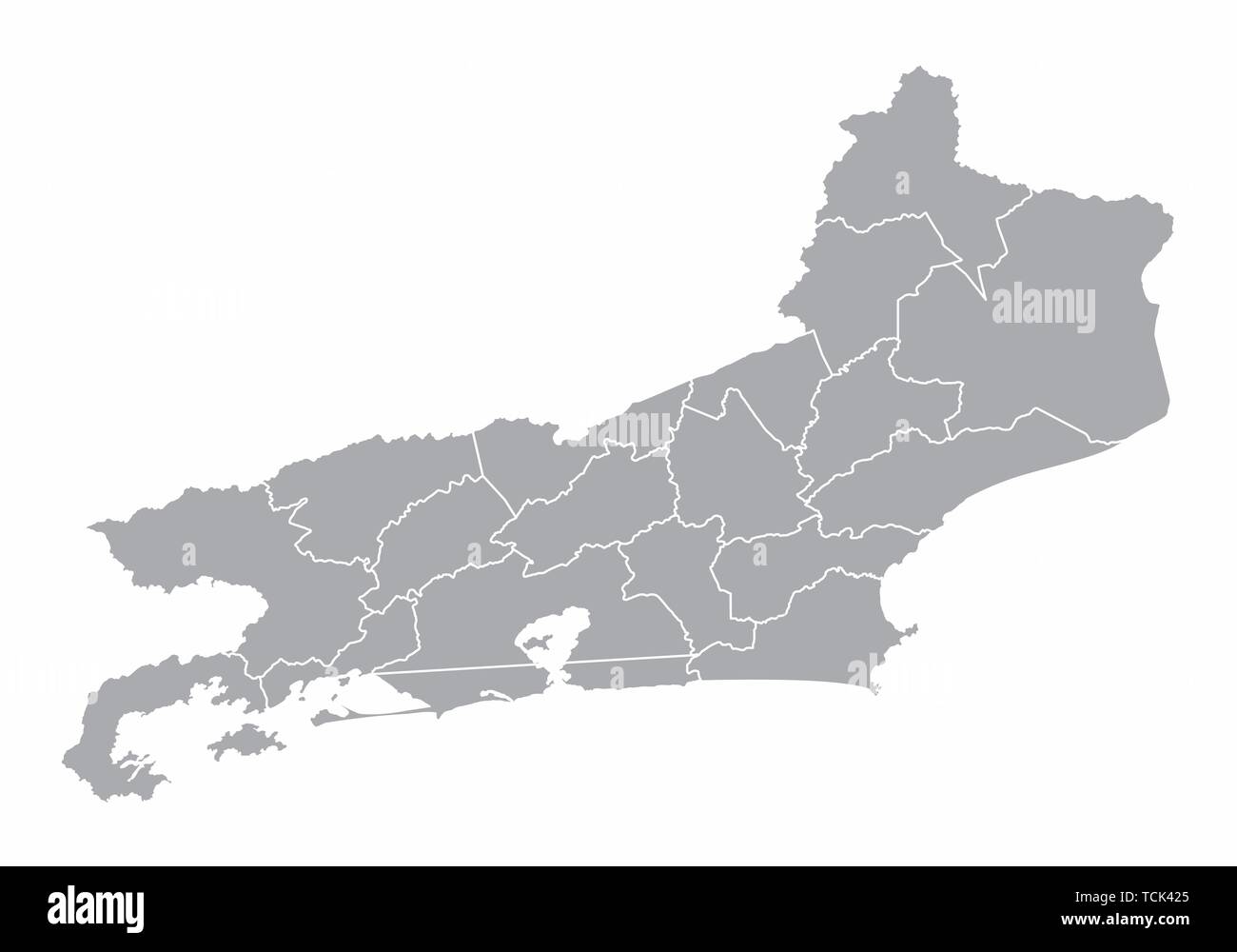 A gray map of the Rio de Janeiro State divided into regions, Brazil Stock Vector
