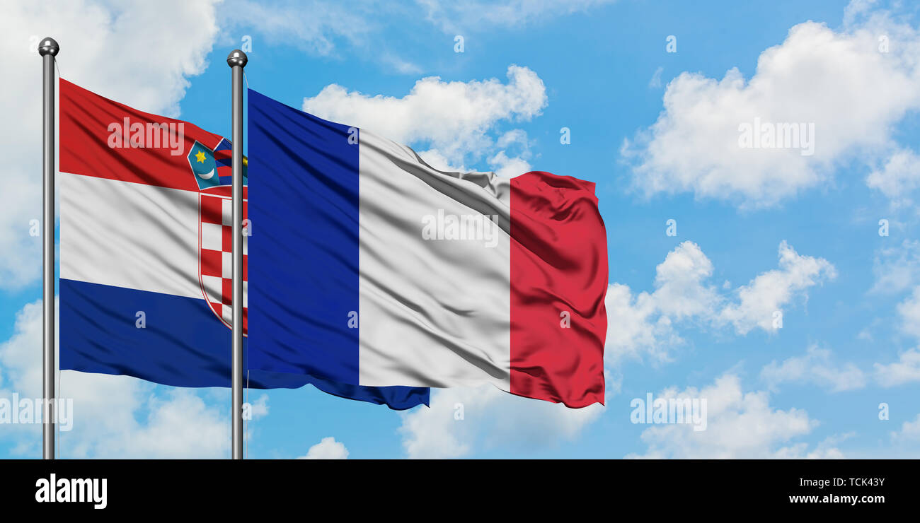 Croatia And France Flag Waving In The Wind Against White
