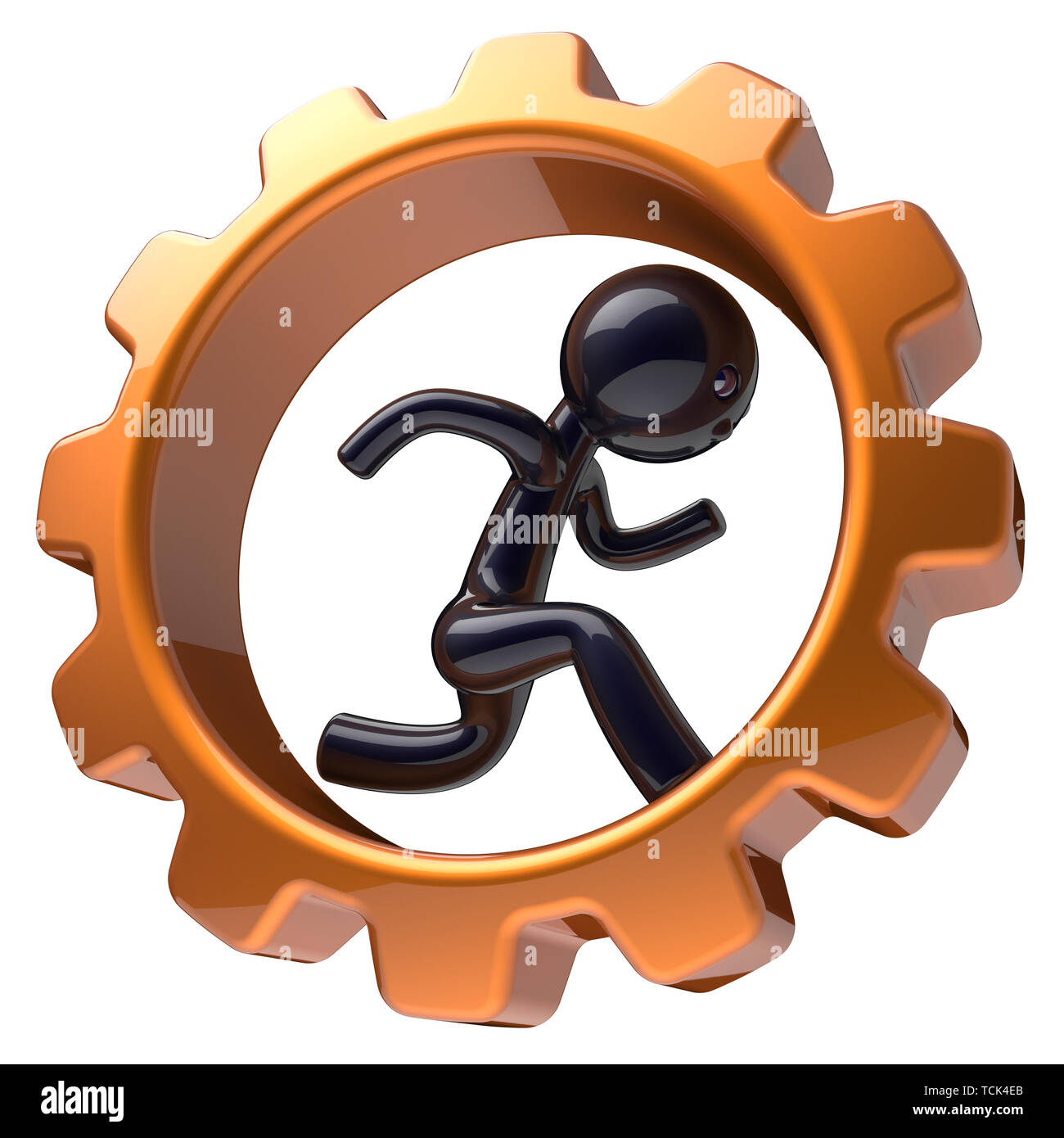 Man character running inside gearwheel gear wheel businessman rotate cogwheel stylized black human cartoon guy hamster person worker business activity Stock Photo