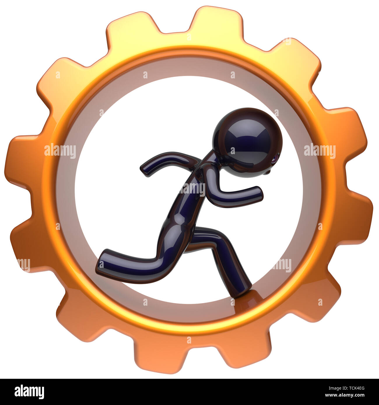Man character inside gear wheel running businessman rotate cogwheel stylized black human cartoon guy hamster person worker gearwheel business career e Stock Photo