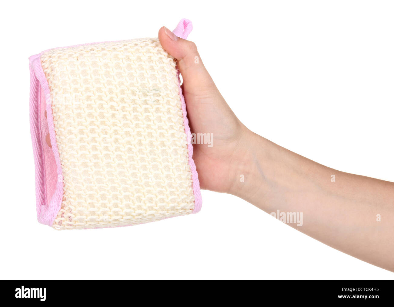 Sponges for bathing on hand isolated on white Stock Photo Alamy
