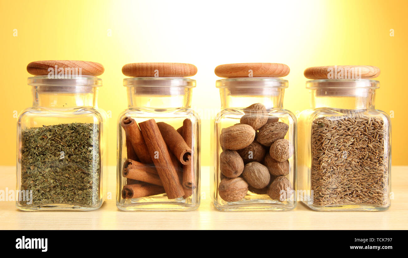Download Powder Spices In Glass Jars On Yellow Background Stock Photo 248743859 Alamy Yellowimages Mockups