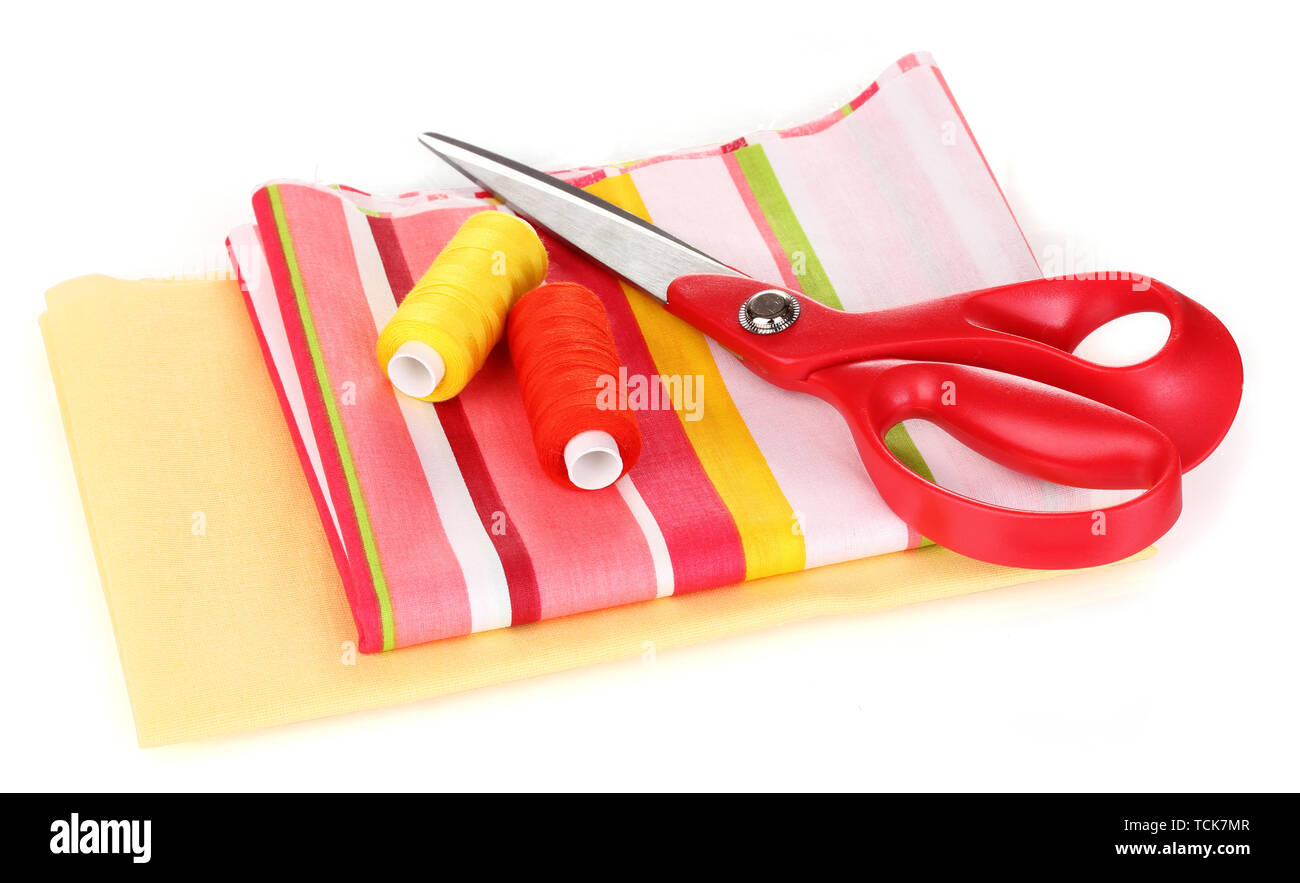 Sewing accessories and fabric isolated on white Stock Photo - Alamy