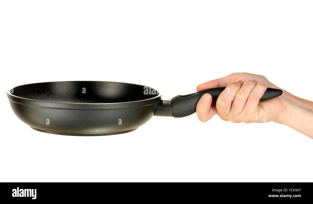 Deep Frying Hand Woman's hand holding a frying pan isolated on white Stock Photo - Alamy