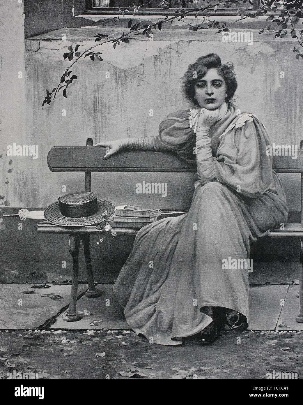 Pretty woman with dreamy look, 1890, historical woodcut, France