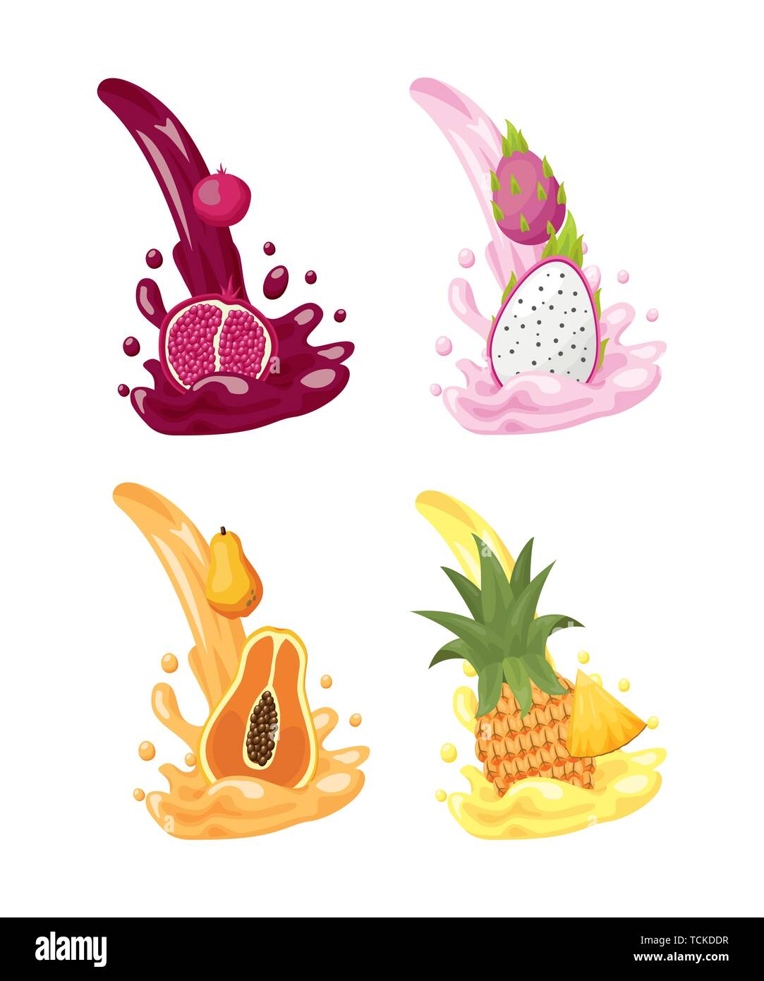 tropical fruits set pomegranate dragon fruit pineapple papaya splashes ...