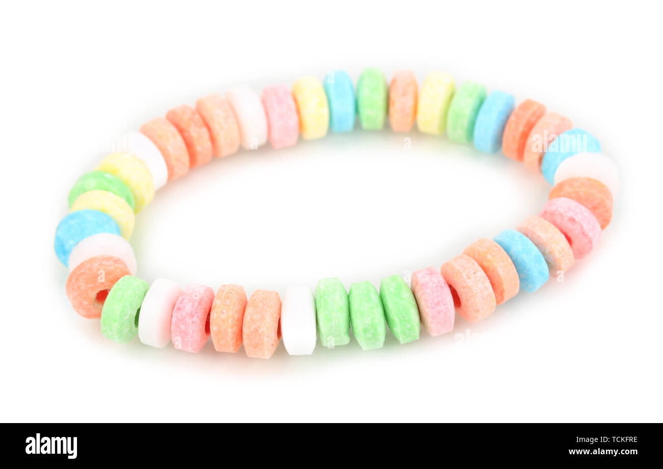 Color candies on rope isolated on white Stock Photo Alamy