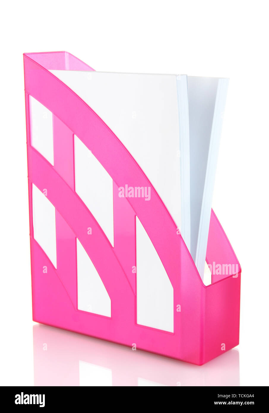 Pink tray for papers isolated on white Stock Photo