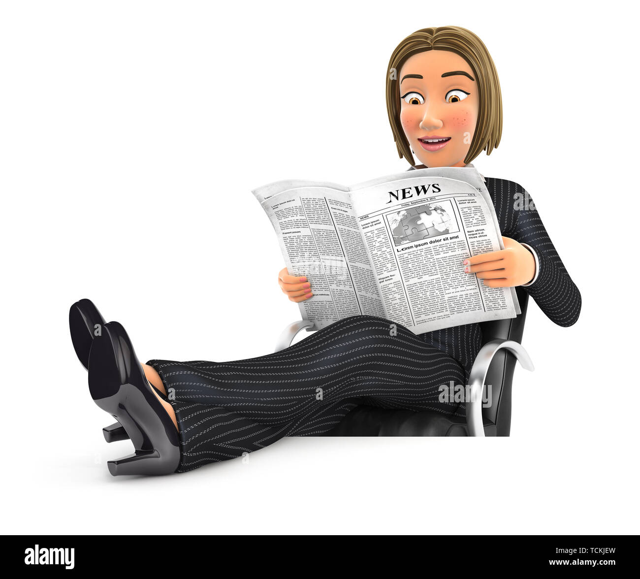 3d business woman reading newspaper with feet on desk, illustration with isolated white background Stock Photo