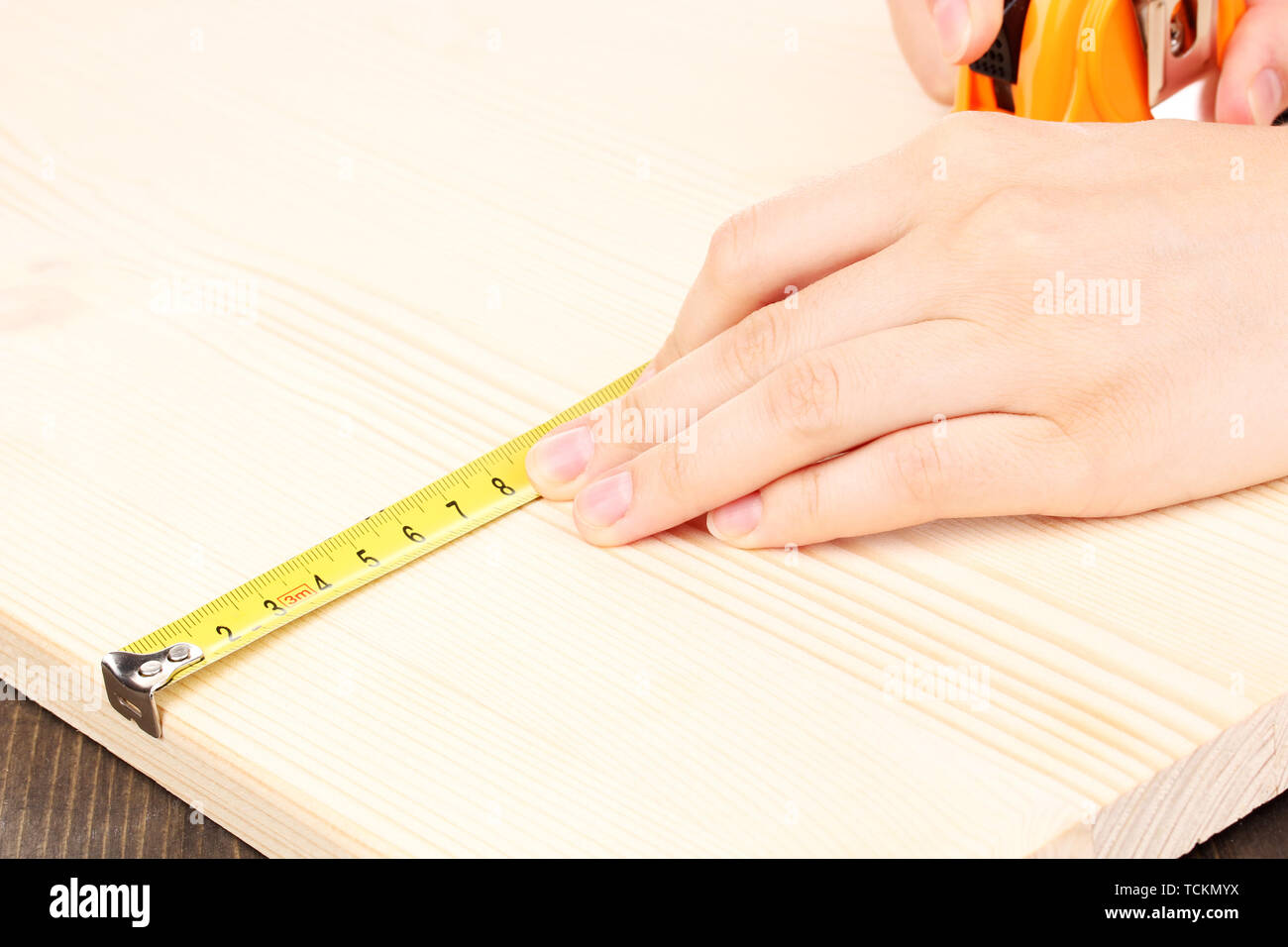 measuring wooden board closeup Stock Photo Alamy