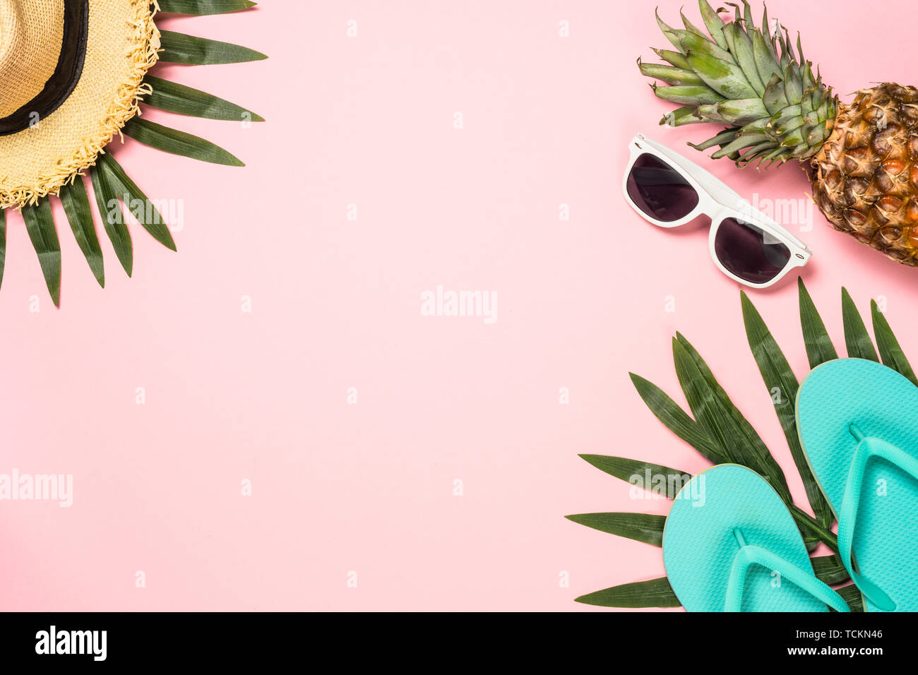Summer flat lay background on pink Stock Photo - Alamy