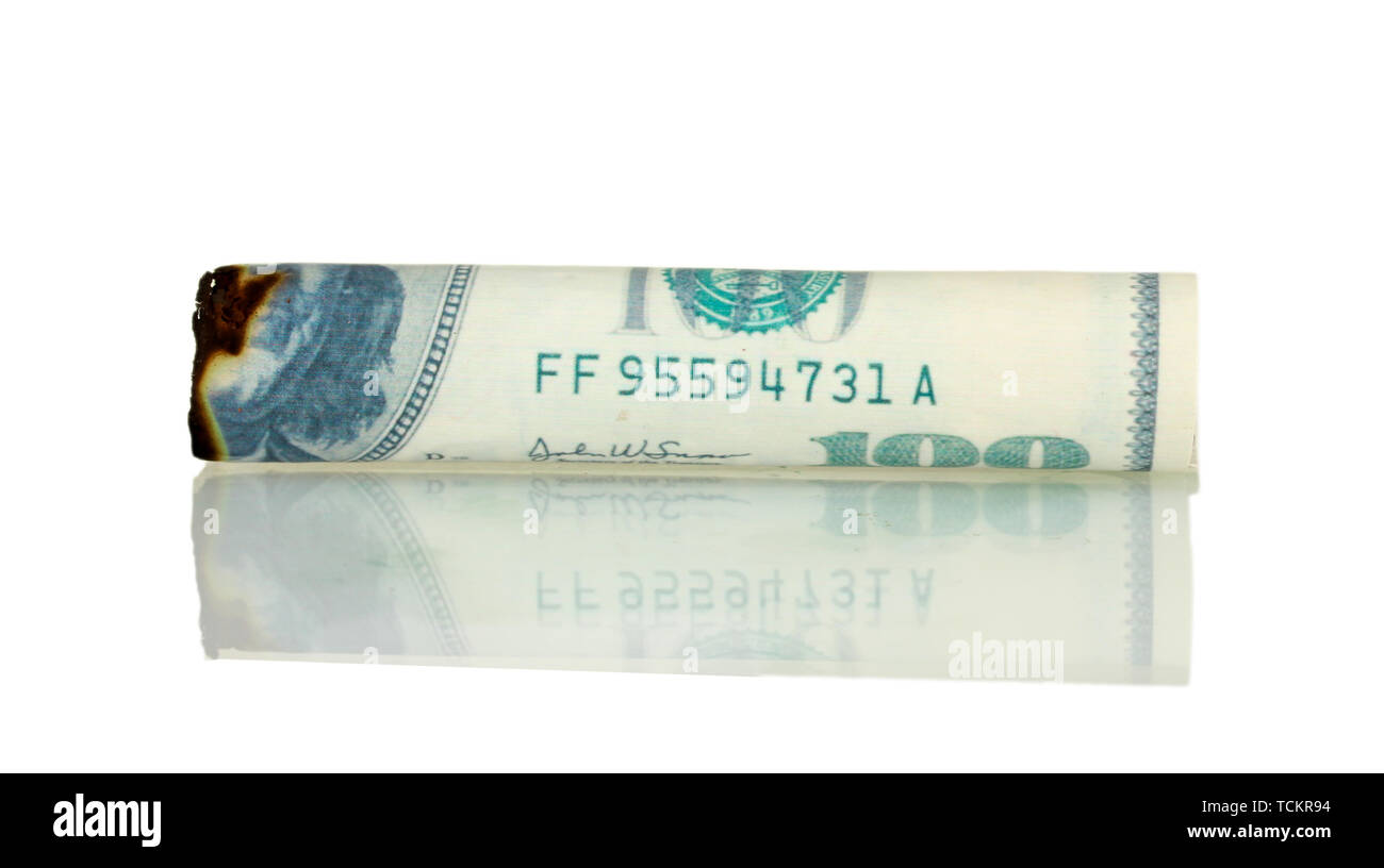 Cigar of the 100 dollar bill isolated on white Stock Photo Alamy