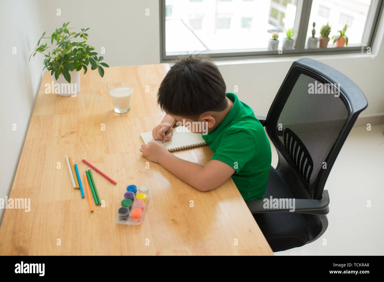 Cute Confused Smiling Boy Doing Homework Coloring Pages Writing