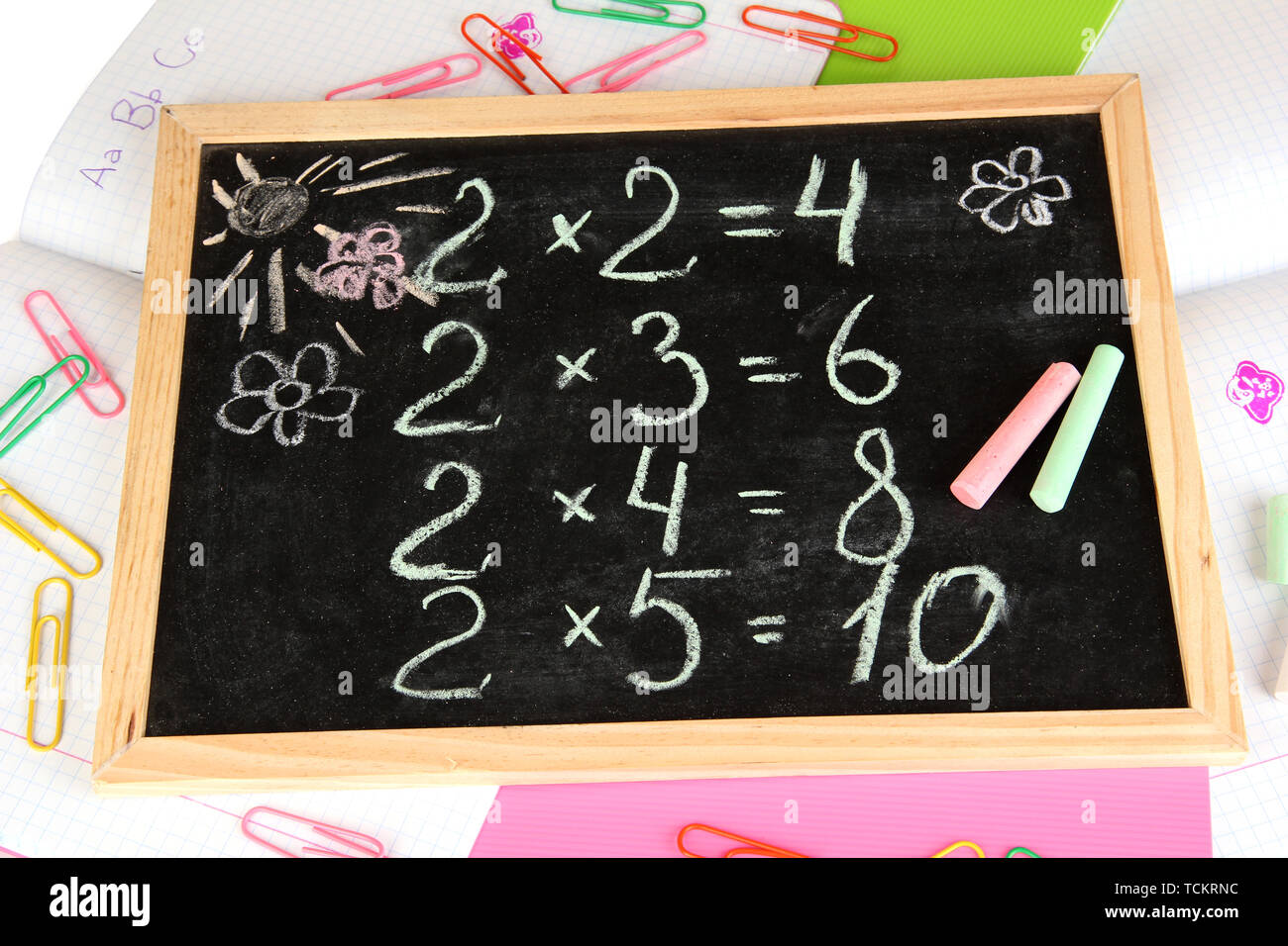 Small school desk with various school supplies closeup isolated on