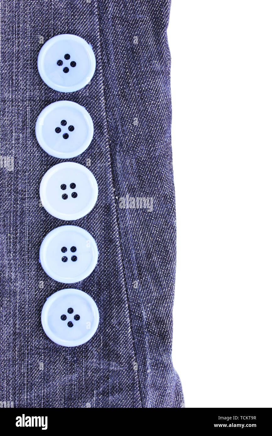 Colorful sewing buttons on jeans isolated on white Stock Photo Alamy