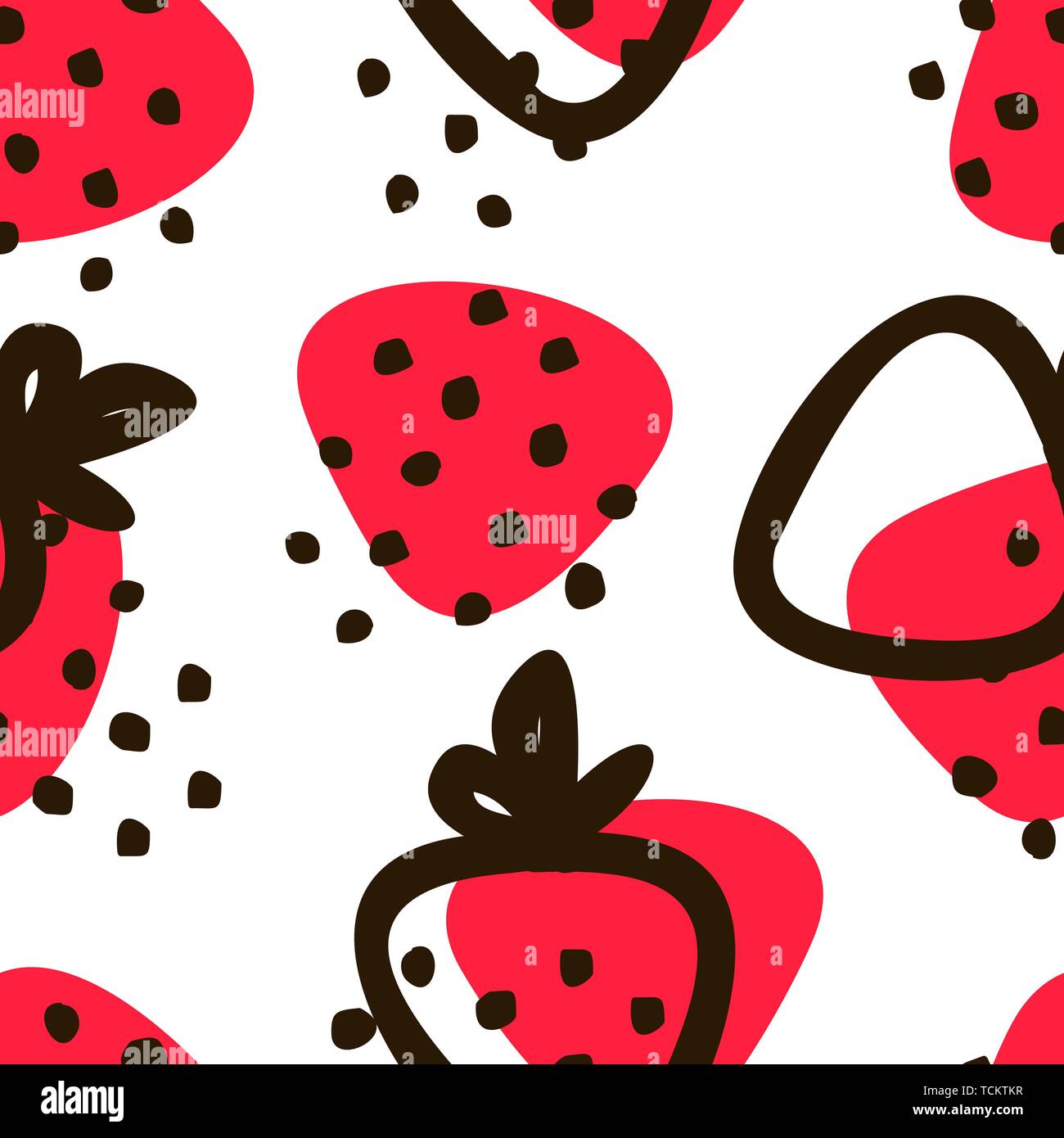 Strawberry Hand Draw Seamless Cute Pattern Summer Red Berries On