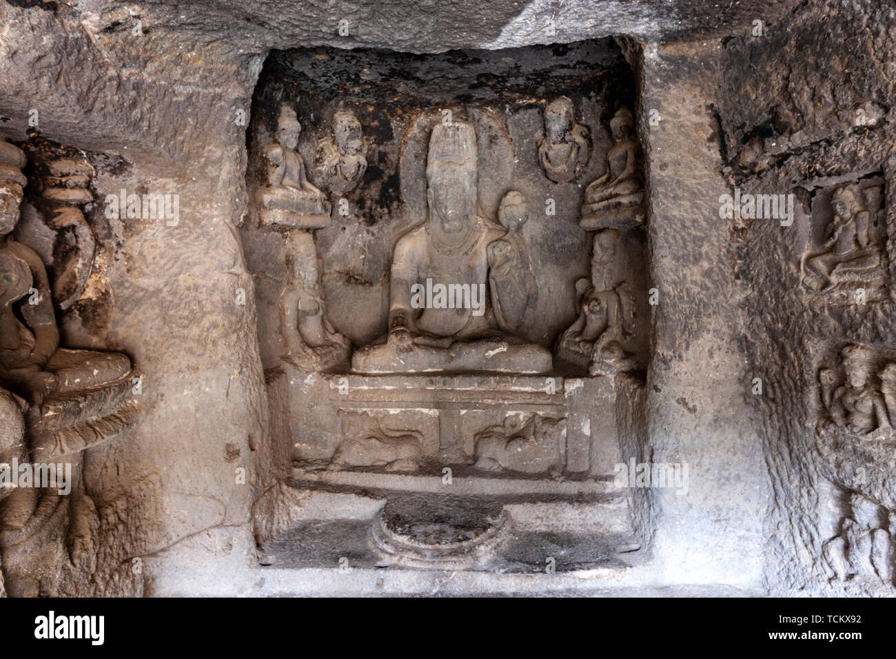 Cave 12, three-storied Mahayana monastery caves with idols, Ellora Caves,  rock-cut monastery-temple cave, India Stock Photo