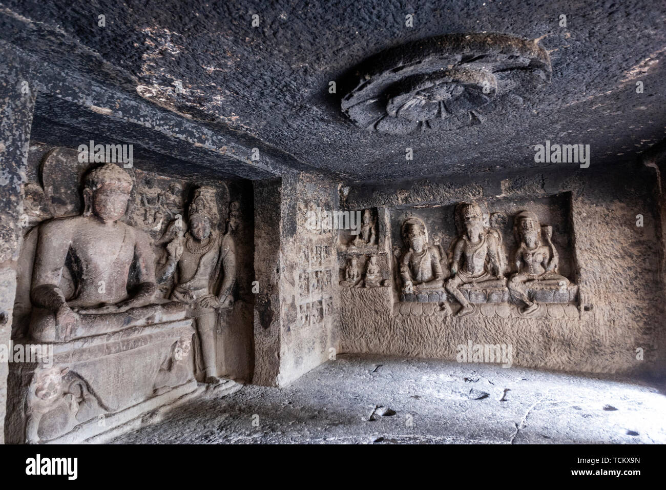 Cave 12, three-storied Mahayana monastery caves with idols, Ellora Caves,  rock-cut monastery-temple cave, India Stock Photo